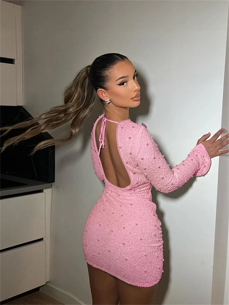 Autumn Beading Solid Women Mini Dress Classic Backless Full Sleeve Round Neck Skinny Hip Vestidos Female Trend Bodycon