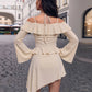 Ruffled Patchwork Dress Women Sexy Simple Slash Neck Bandages Puff Sleeve Irregular Hem Fashion Party Club Bodycon