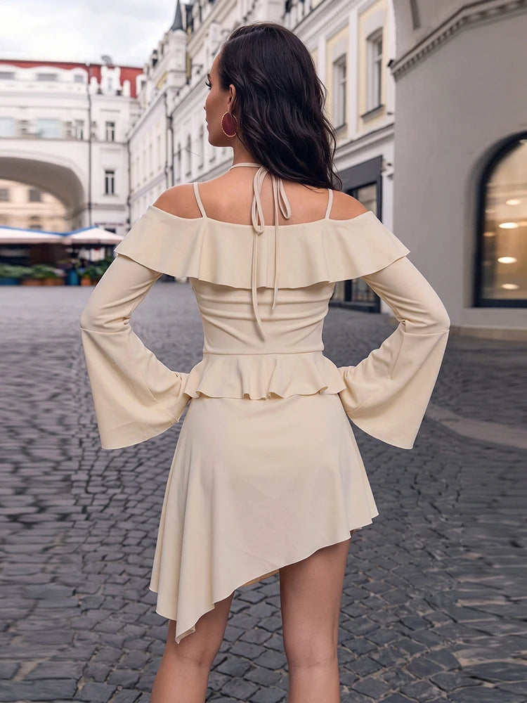Ruffled Patchwork Dress Women Sexy Simple Slash Neck Bandages Puff Sleeve Irregular Hem Fashion Party Club Bodycon