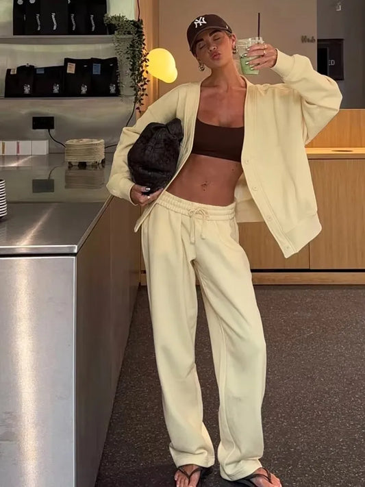 Casual Tracksuits 2Piece Set V-Neck Single Breasted Jacket+Drawstring Pants Matching Simple Streetwear Sporty Outfits