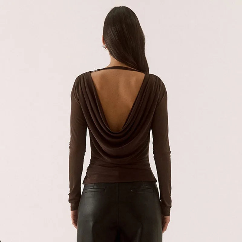 Off The Shoulder Tops with Cowl Neck Sheer Mesh Long Sleeves Shirts for Woman Fashion 2026 Fall Clothing
