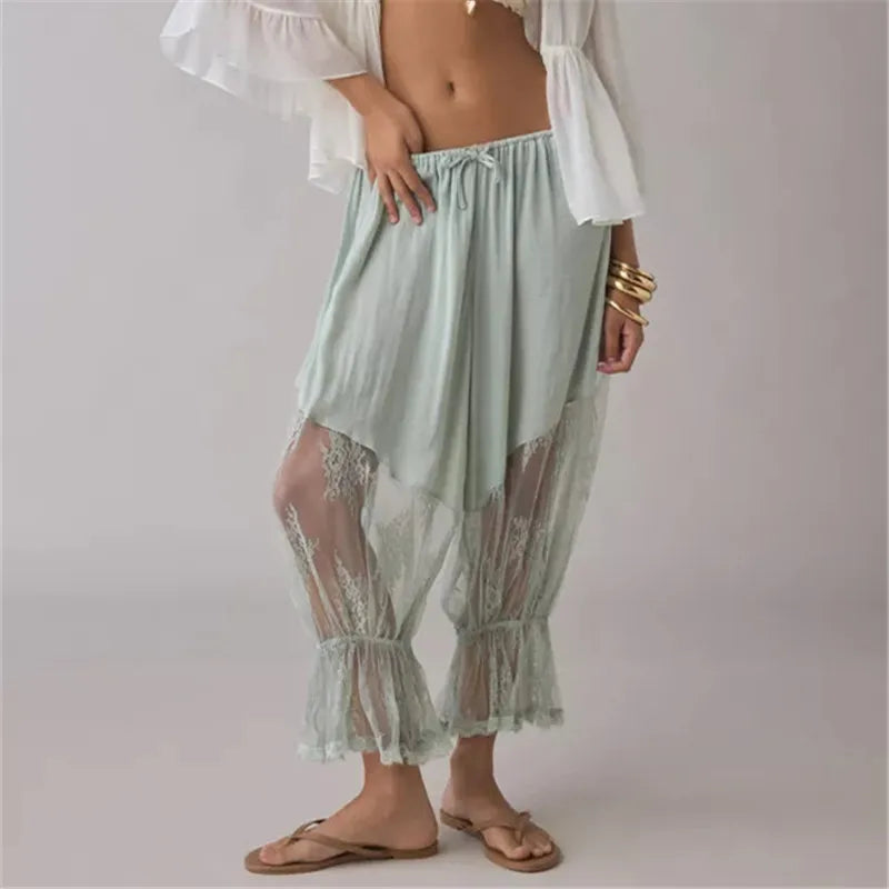 Boho Vintage Sheer Lace Harem Pants Elastic Waist Drawstring Floral Embroidery Cropped Loose Casual Pants Streetwear