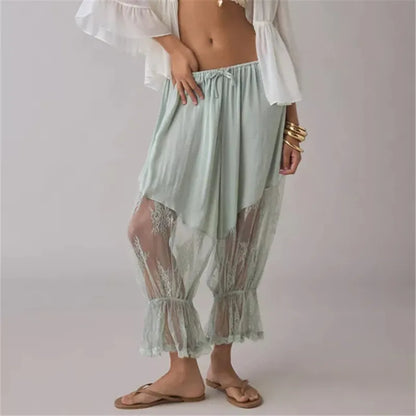 Boho Vintage Sheer Lace Harem Pants Elastic Waist Drawstring Floral Embroidery Cropped Loose Casual Pants Streetwear