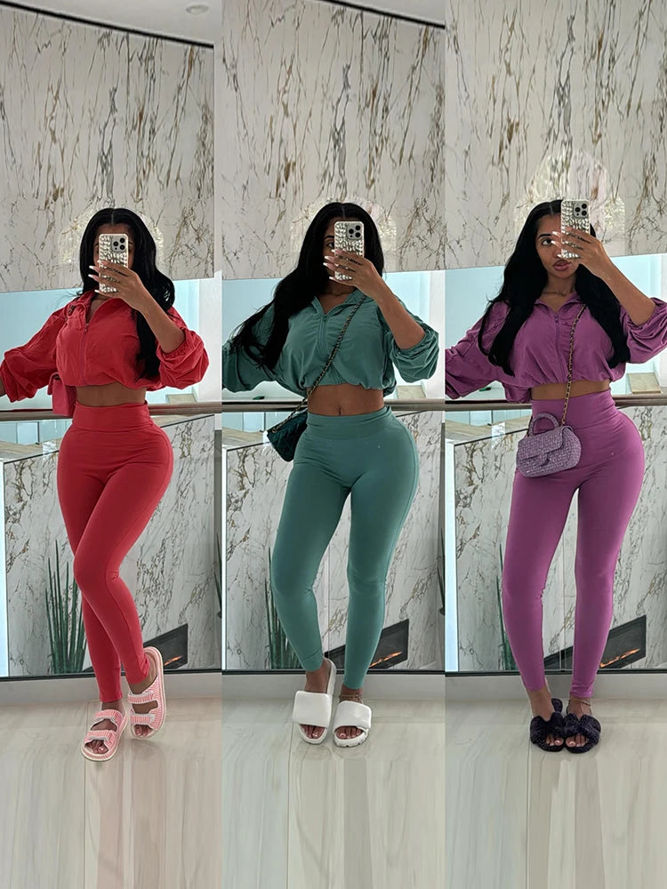Basic Women 2 Piece Set Classic Solid Long Sleeve Drawstring Zip-up Coats+Slim Pants Female Autumn Casual Sporty Outfits