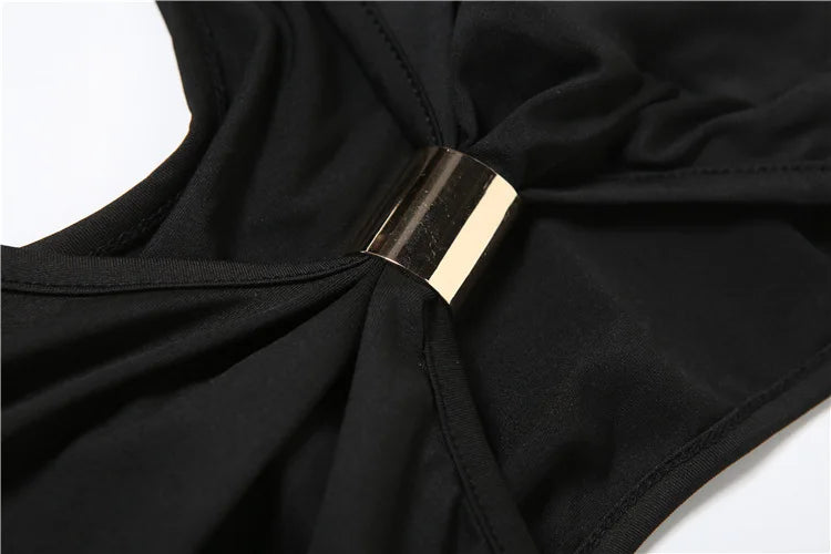 Metal Knots Sexy Slim Dress Women Elegant Summer Trend Halter Solid Folds Backless Sleeveless Banquet Party Bodycon