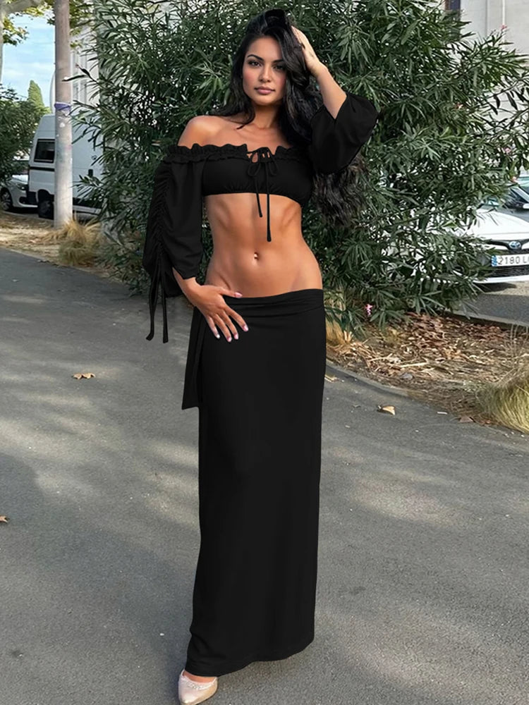 Chic Tassel 2-Piece Set Women Slash Neck Shirring Long Sleeve Bandage Crop Tops+Ribbon Skirts Vacation Birthday Suit