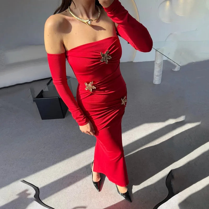 3d Flower Buckle Off The Shoulder Long Sleeve Evening Dress Women Elegant Sexy Birthday Dinner Outfit