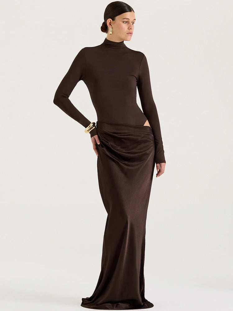 Autumn Long Sleeve Sexy Maxi Dress Women Fashion Hollow Out Turtleneck Ruched Bodycon Club Party Long Dresses Female