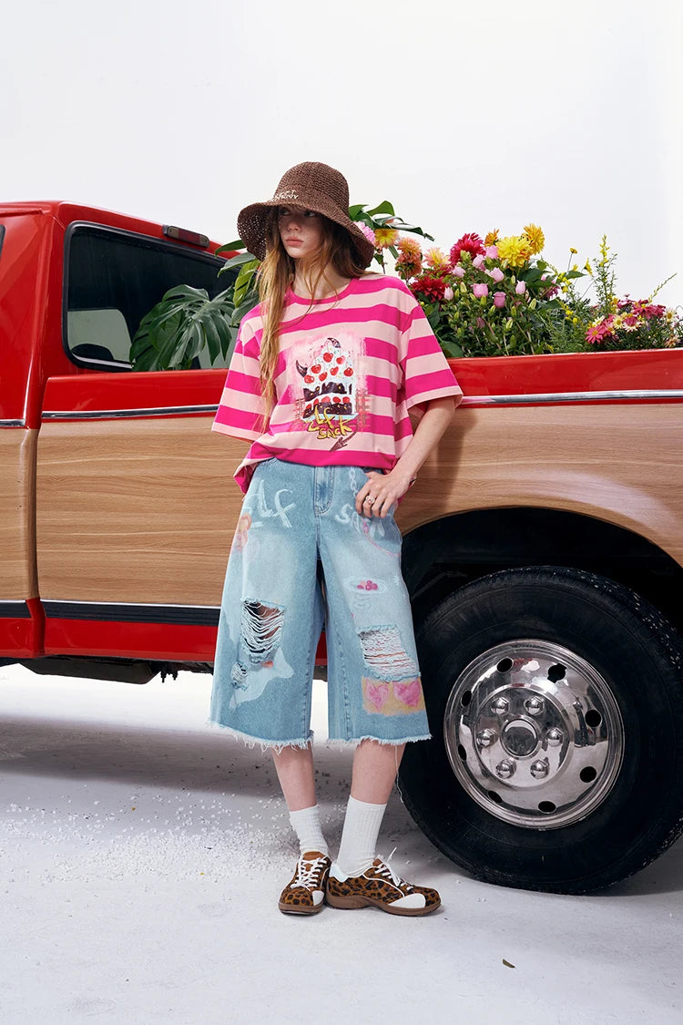 Women's Striped Cake Graphic Oversized T-Shirt, Cute Cherry Print Casual Tee, Y2K Aesthetic Short Sleeve Summer Top