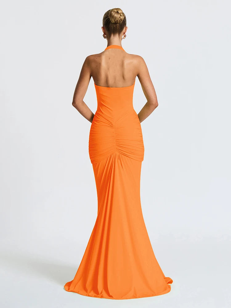 Backless Tassel Dress Women Peach Buttock Pleated Patchwork Solid Halter Sleeveless Midnight Clubwear Party Vestidos