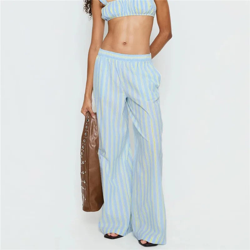 Women Striped Wide Leg Pants Elastic Waist Loose Fit Casual Trousers With Pockets Summer Beachwear Streetwear Pants