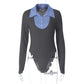 Fake Two-piece Long Sleeve Bodysuit for Woman Ribbed Patchwork Sexy Tops Women Clothes