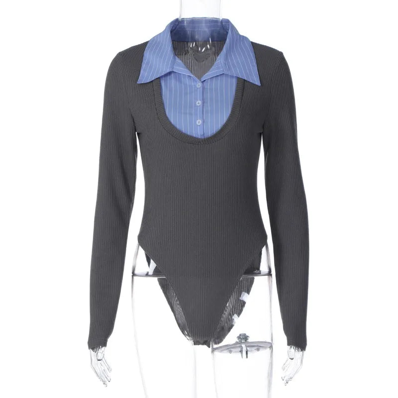 Fake Two-piece Long Sleeve Bodysuit for Woman Ribbed Patchwork Sexy Tops Women Clothes