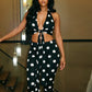 Polka Dot Print 2piece Set Women Tassel Halter v-Neck Kink Vest Elastic Waist Simple Short Midnight Sexy Fashion Suit