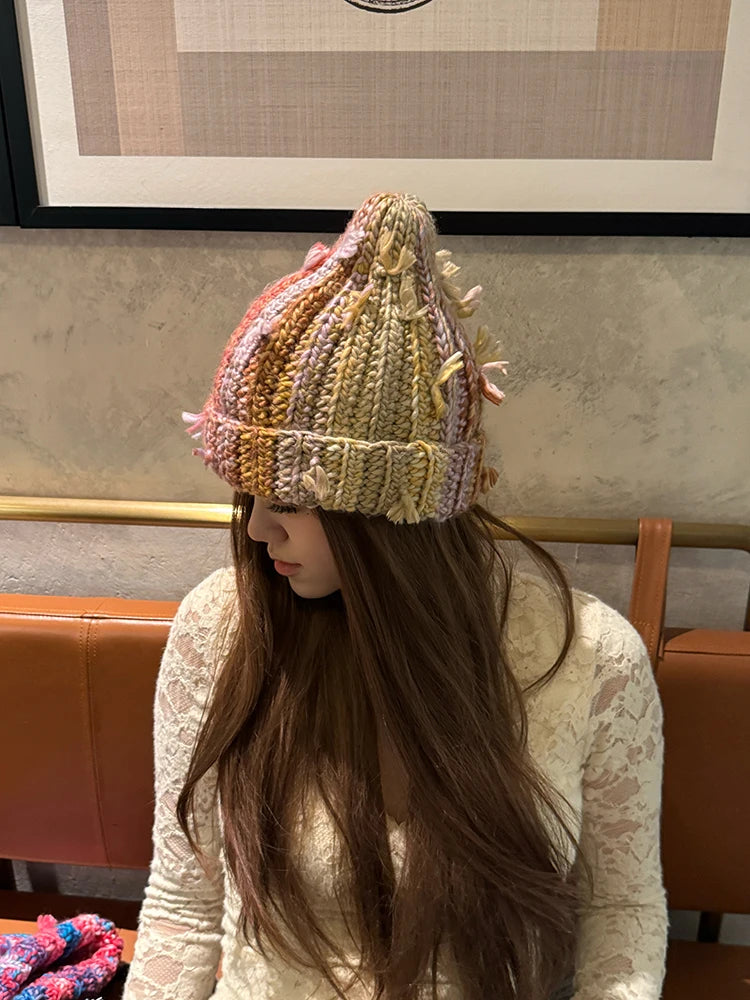 Dopamine Colorful Vertical Striped Rolled Edge Beanie For Women