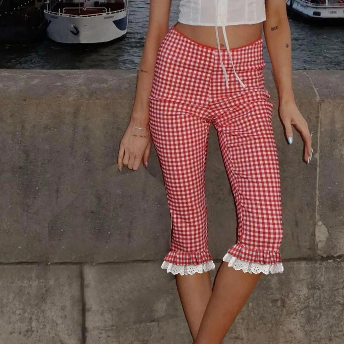 Lace Trim Capri Leggings for Women Y2K Plaid Low Waist Knee Length Crop Pants Summer Cute Going Out Tights Pants