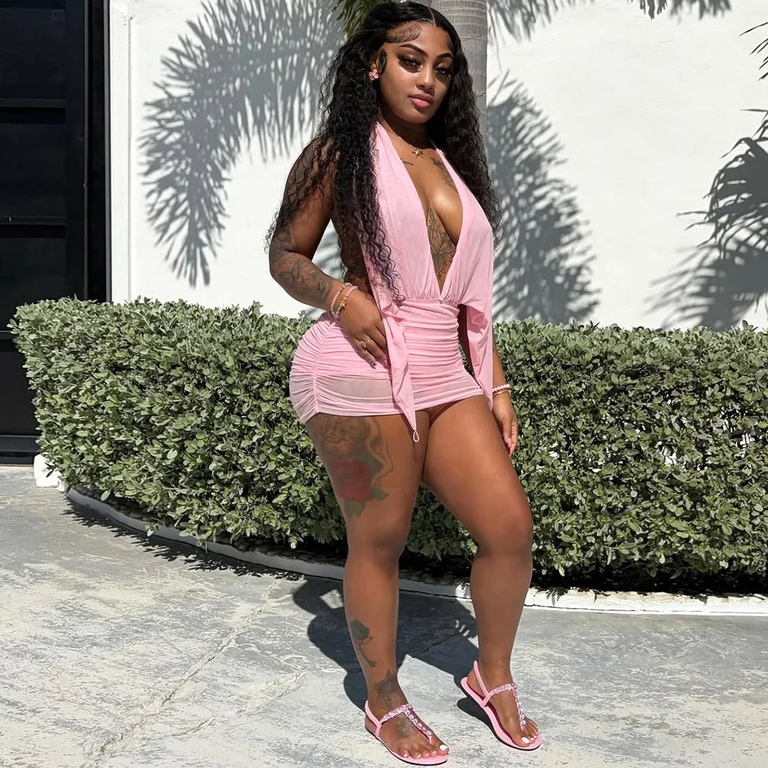 Women's Sexy Halter Neck Backless Mini Dress Solid Color Deep V Mesh Ruched Bodycon Dress Summer Beach Party Clubwear