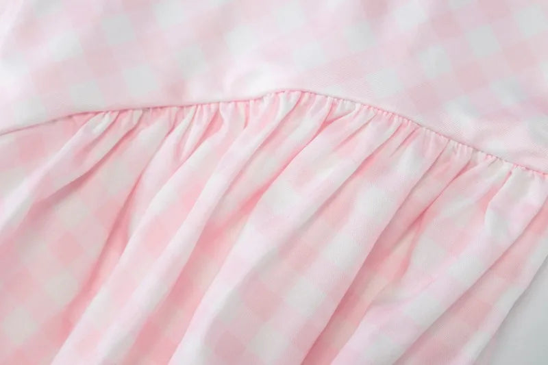 Square Neck Sleeveless Backless A-line Long Dresses Princess Style Pink Plaid Dress Summer Elegant