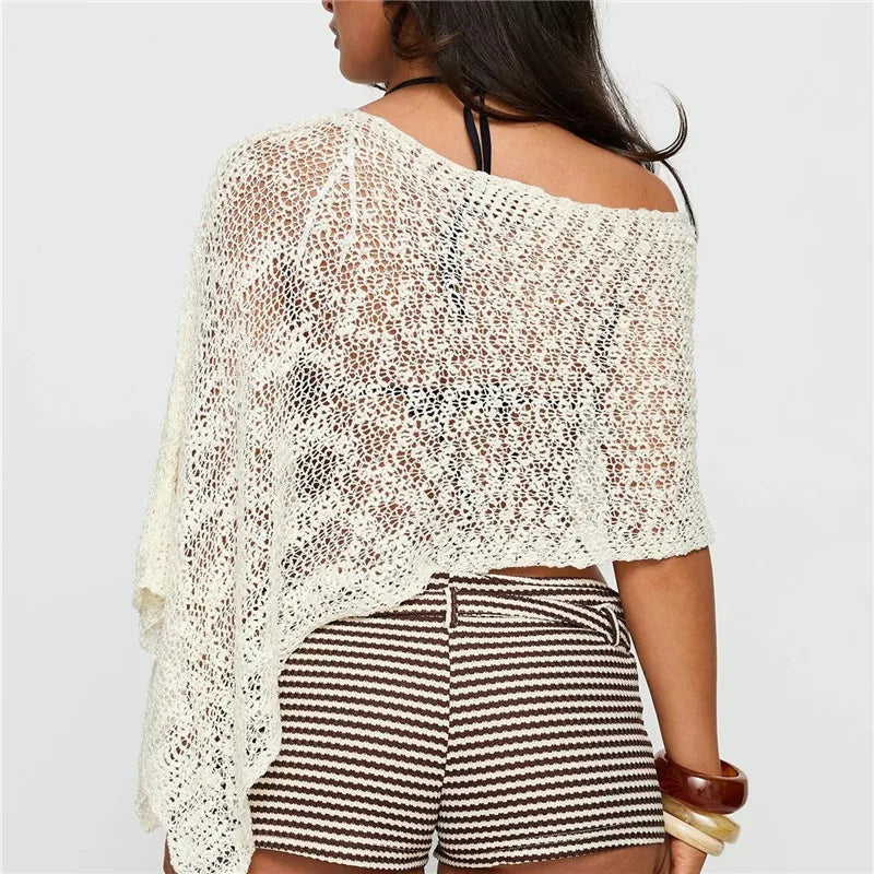Women Knitted Poncho Loose See Through Boat Neck Off Shoulder Asymmetrical Crop Coverup Tops Summer Beachwear