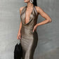 Halter Deep V Neck Backless Maxi Dress Women Sleeveless Temperament Fishtail Dress Ladies Elegant Sexy Party Dress