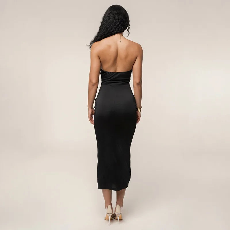 Hardwear Detail Hollow Out Backless Halter Long Dresses for Woman Clothing Sexy Black Dress Club Outfits