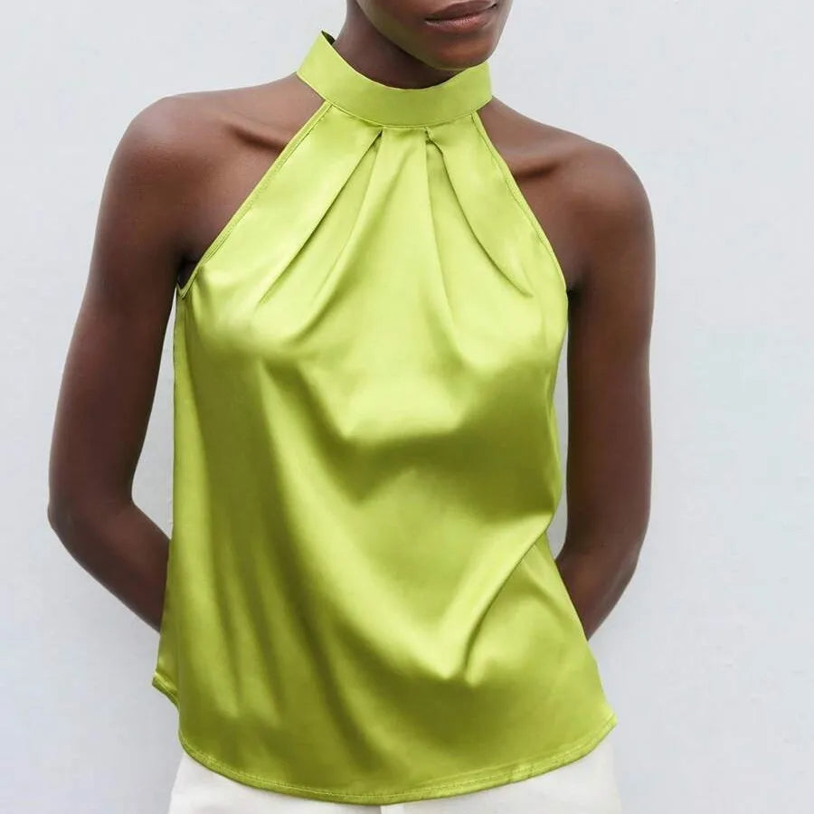 Elegant Satin Halter Neck Tank Tops Women's Sleeveless Solid Color T Shirt Basic Crop Tops Fashion Summer Party Clubwear