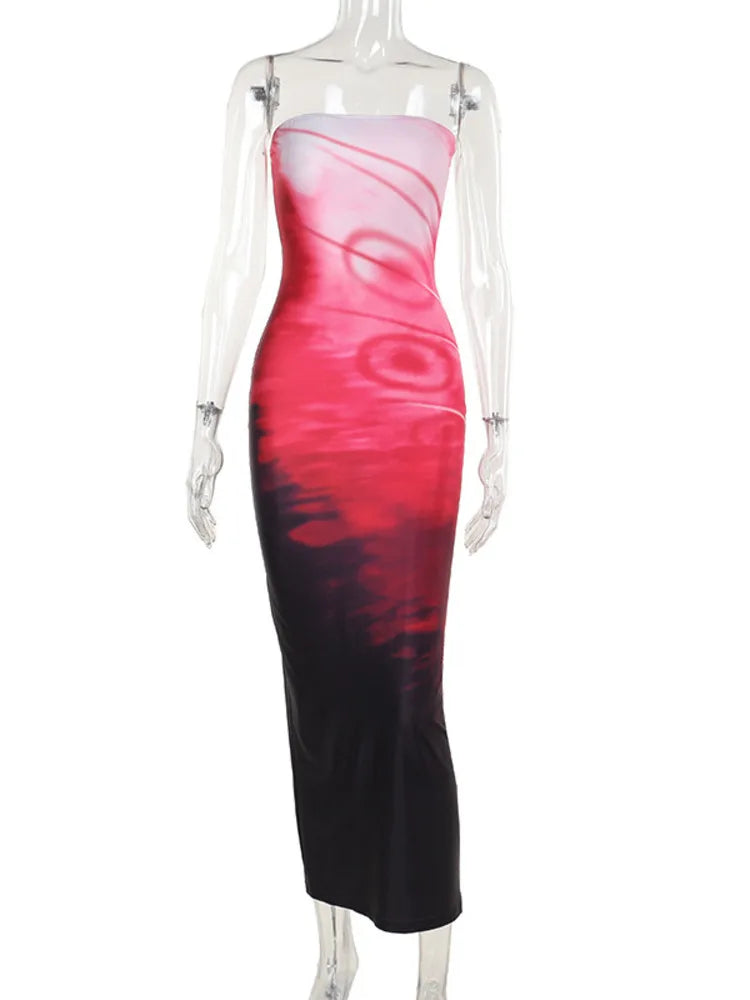 Strapless Print Sexy Midi Dress For Women Fashion Off-shoulder Backless Bodycon Club Party Sexy Long Dress Clubwear