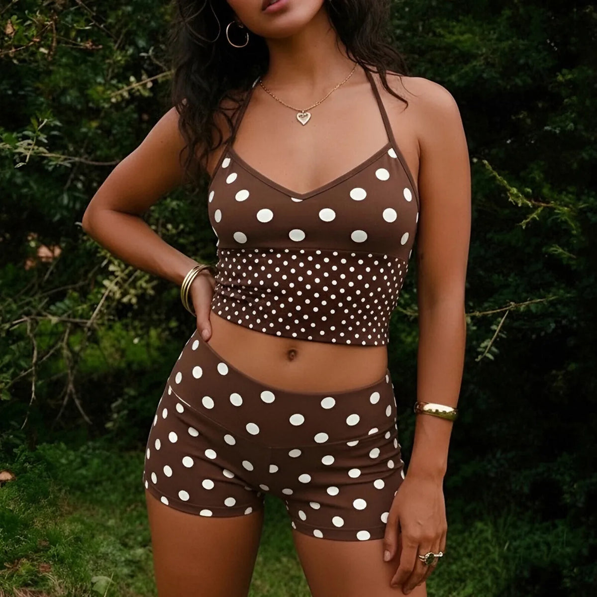 Women's Retro Polka Dot Two Piece Set Halter V Neck Crop Top+High Waist Shorts Cute Casual Daily Beach Vacation Outfit
