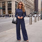 Women Pinstripe 2 Piece Outfit Round Neck Cropped Blazer High Waist Wide Leg Pants Elegant Business Office Matching Set