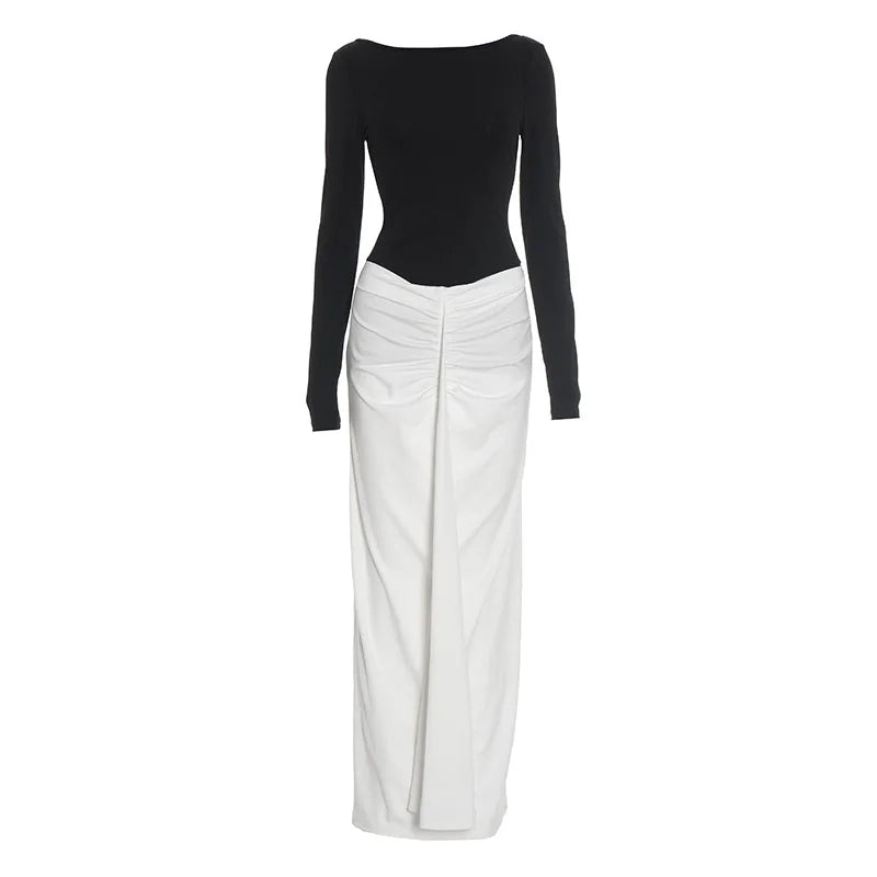 Black and White Patchwork Boat Neck Long Sleeve Backless Maxi Dress Elegant Party Dresses Fall Clothes