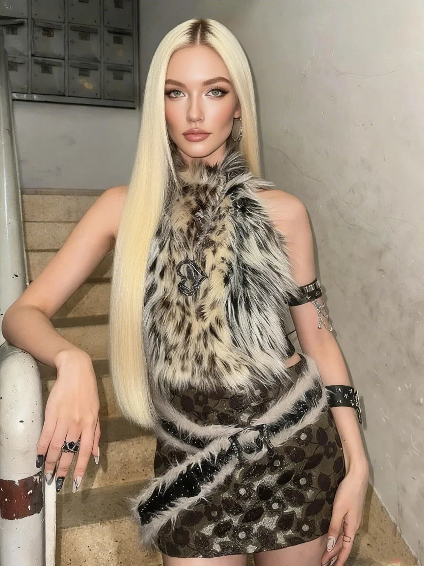 Hottie Leopard Tassel Tank Tops Women Sexy Furry Patchwork Halter Sleeveless Stretch Coquette Midnight Party Clubwear