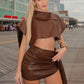 Irregular PU Leather Skirt Two Piece Set Women Sleeveless Short Top And Mini Skirt Matching Sets Elegant Sexy Dress Set