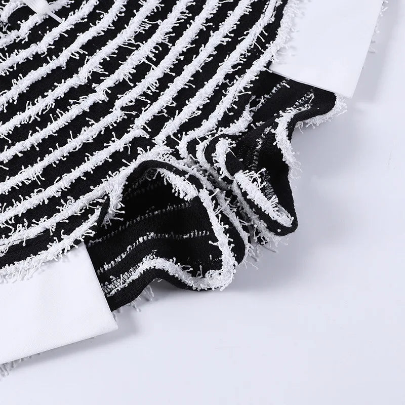 Black and White Striped Knitted Drawstring Slit Booty Shorts Streetwear Baddie Clothes Hot Pants Sexy Clubwear