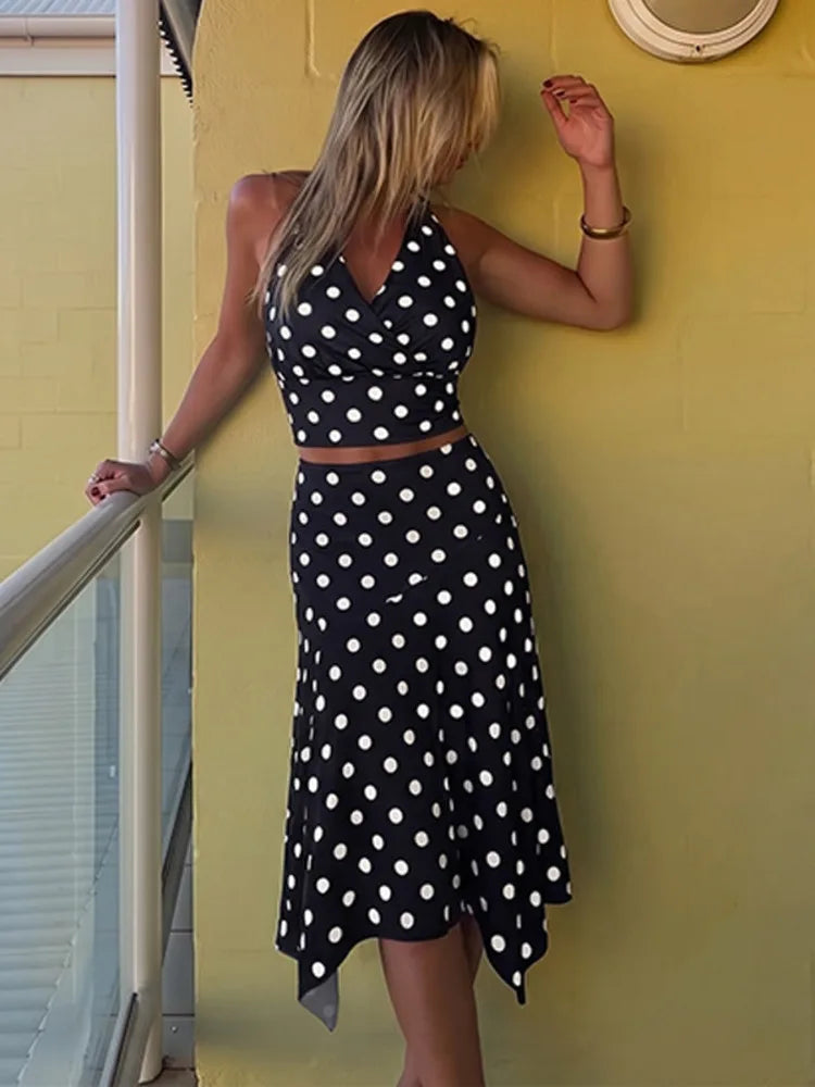 Polka Dot Sexy Two Piece Set Women Halter V Neck Crop Top And Midi Skirt Matching Sets Female Bodycon Club Dress Set