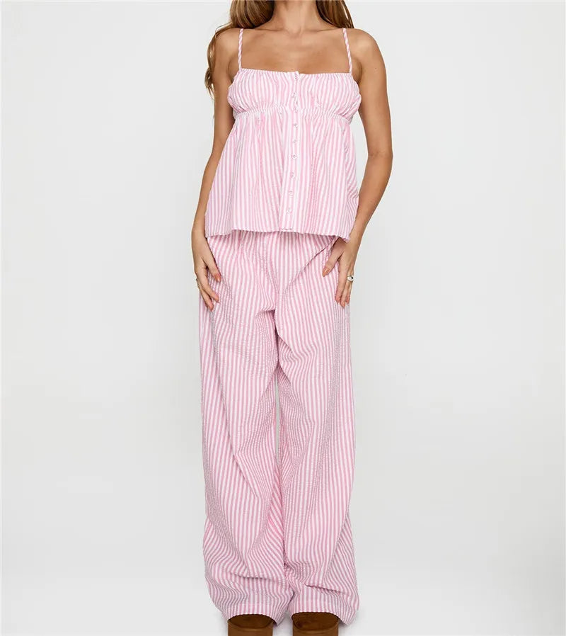 Striped Spaghetti Strap Peplum Top And Wide Leg Pants 2 Piece Set Women Casual Loungewear For Summer Beach Vacation