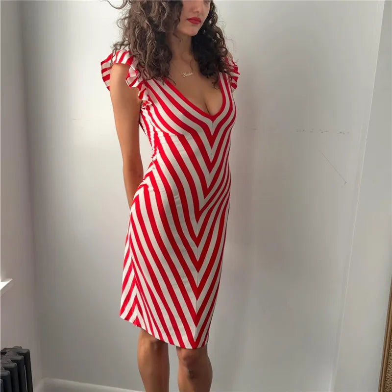 Womens Striped Midi Bodycon Dress Deep V Neck Ruffle Sleeve Red White Chevron Print Slim Fit Side Split Party Dress