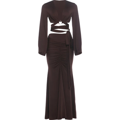 Autumn Fashion 2 Piece Set Women Sexy Cross Bandages Metal Ring Patchwork Puff Sleeve T-Shirt+Ruched Skirts Party Suit