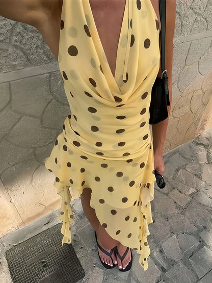 Backless Mesh Dress Women Sexy Polka Dot Print Swing Collar Halter Irregular Hem Fashion Vacation Party Club Bodycon