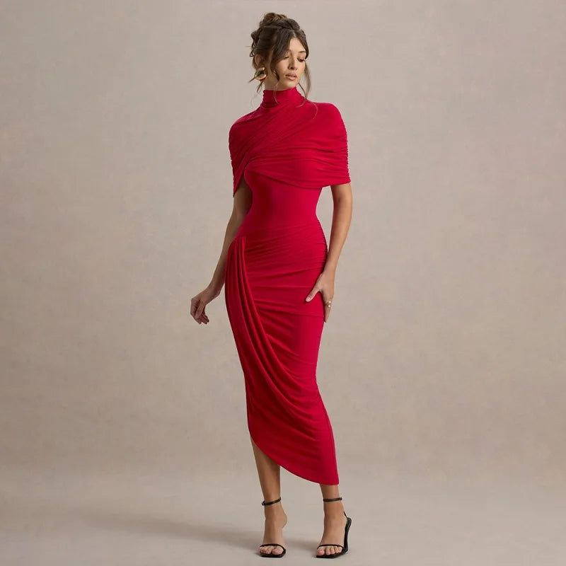 Asymmetrical Ruched Backless Long Dresses Red White Yellow Elegant Evening Party Dress Woman Birthday Outfits