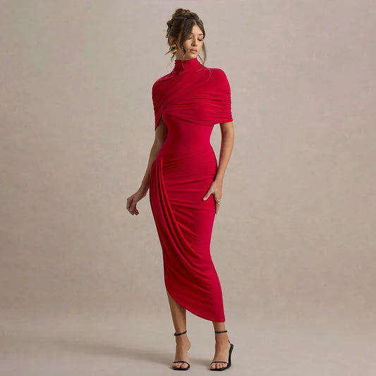 Asymmetrical Ruched Backless Long Dresses Red White Yellow Elegant Evening Party Dress Woman Birthday Outfits