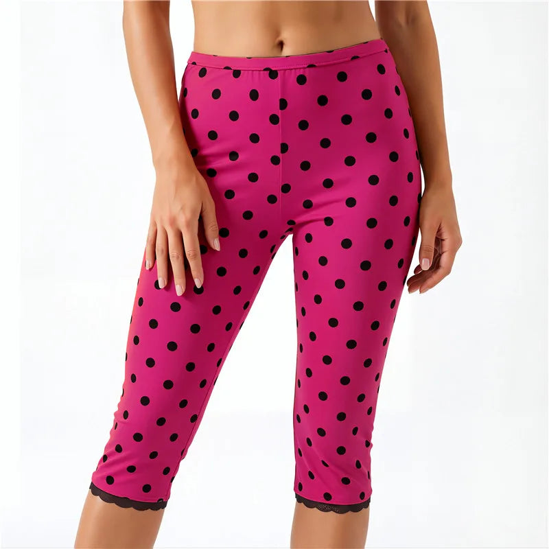 Vintage Polka Dot Cropped Leggings High Waist Lace Trim Hem Calf Pants Women Daily Loungewear Sleepwear Casual Bottoms