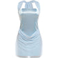Elegant Backless Satin Dress Women Sexy Halter Bandages Mesh Patchwork Ruched Fashion Peach Hip Party Club Bodycon