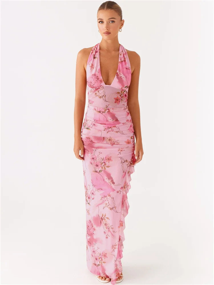 Flower Print Maxi Dress Women Bandage Halter Low-Neck Sexy Backless Ruffles Split Hem Vacation Trend Elegant Vestidos