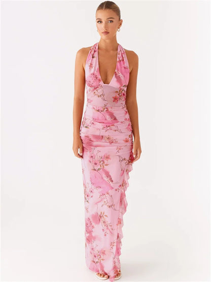 Flower Print Maxi Dress Women Bandage Halter Low-Neck Sexy Backless Ruffles Split Hem Vacation Trend Elegant Vestidos