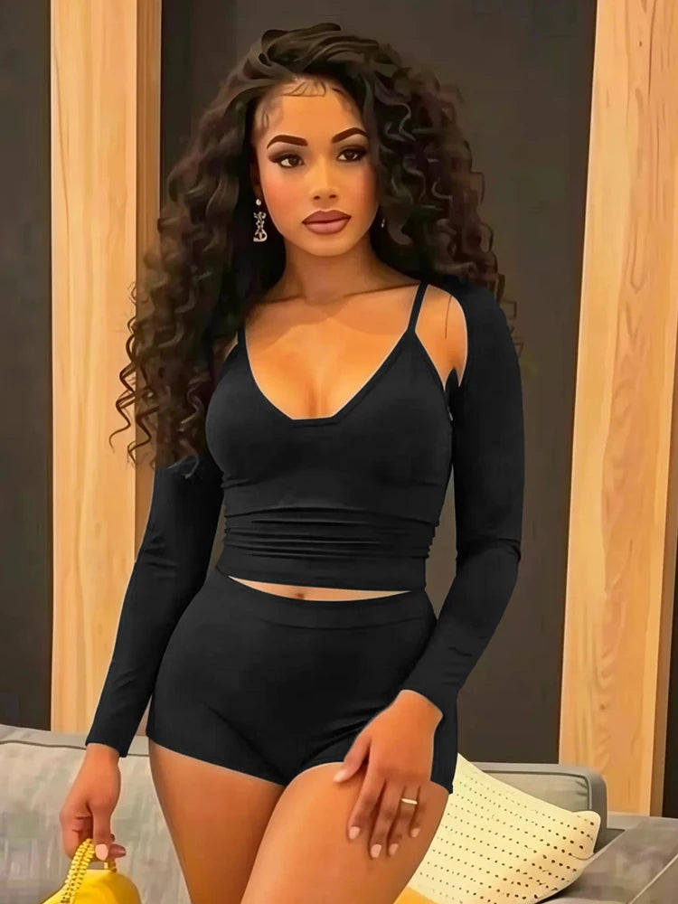 Trend 3 Piece Set Women Fashion Low-Neck Backless Camisole+Bike Shorts+Full Sleeve Jacket Simple Street Sport Suits
