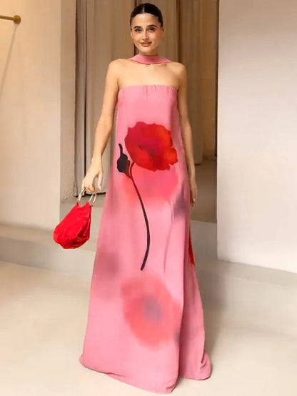 Elegant Print Sexy Maxi Dress Women Gown Fashion Scarf Collar Off-shoulder Sleeveless Backless Club Party Long Dress