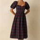 Xmas Vintage Red Navy Plaid Dress Ladies Bubble Short Sleeve Back Shirred Flared Midi Dress Winter Holiday Party Dress
