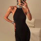 Button Stripe Turtleneck Maxi Dress Women Backless Folds High Split Sleeveless Elegant Fashion Banquet Chic Vestidos