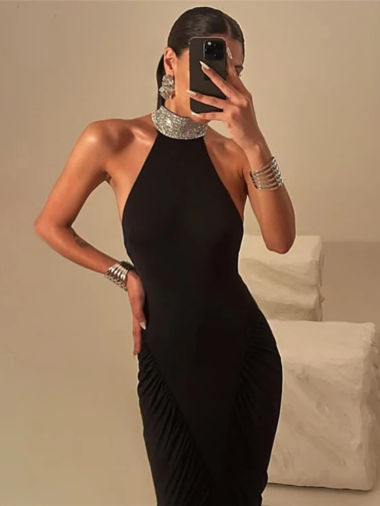 Button Stripe Turtleneck Maxi Dress Women Backless Folds High Split Sleeveless Elegant Fashion Banquet Chic Vestidos