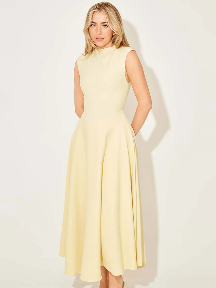 Sleeveless High Waist Sexy Midi Dress For Women Fashion Elegant Solid Pleated Club Party Long Dresses Female New
